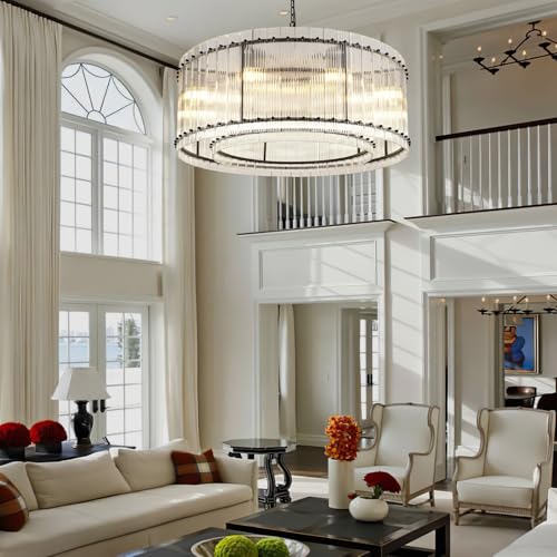 Image of 37 inch Modern Black Round Chandeliers,2-Tier 8-Light Water Ripple Crystal Glass Chandelier,for Dining Room,Living Room,Bedroom,High Ceiling,Foyer Entryway,Luxury Adjustable Hanging Chandelier