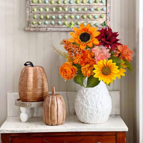 Image of 2PCS Faux Sunflower with Hydrangea Fake Eucalyptus Leaves Arranged Bouquet for Home Decor