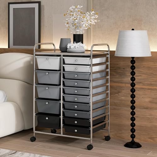 Image of LDAILY 15 Drawer Rolling Storage Cart, Rolling Cart with Drawers for Classroom, Art Supply Craft Organizer on Wheel with Metal Frame & Handles for Home Office School