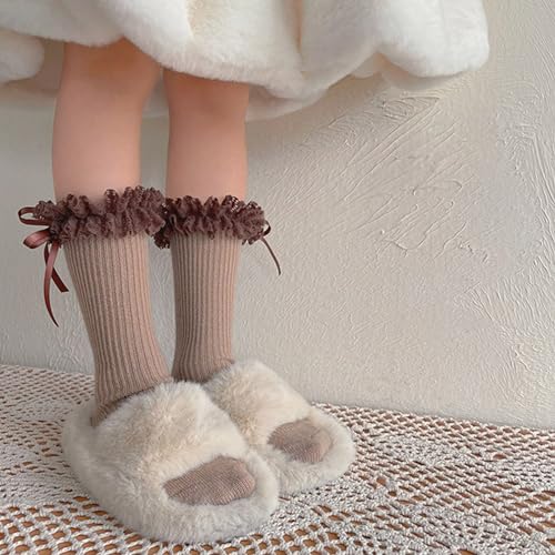 Crew Socks for Women, 1 Pair Stackable Baby Socks Lace Trimmed Bowknot Sock Solid Girls Tube Sock for 1-13 Year Kids3