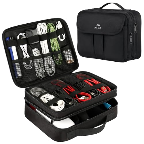 MATEIN Electronics Organizer Waterproof Travel Electronic Case Portable Double Layer Cable Storage Bag for Camera Accessories Cord Charger Power Bank Flash Drive Phone SD Card Black