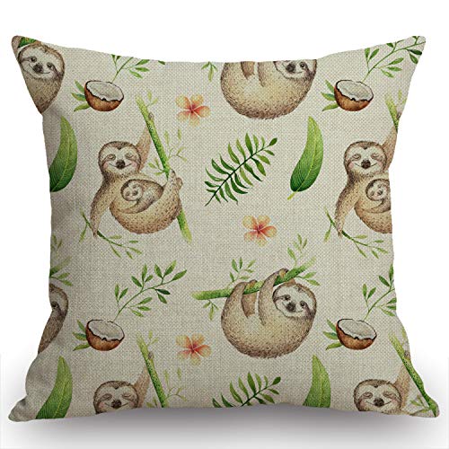Swono Boho Tropical Palm Tree Leaves Pattern Cotton Linen Throw Pillow Case Cute Sloth Pillow Cushion Cover Home Sofa Decorative 18 X 18 Inch (Cushion Cover) #TOP22