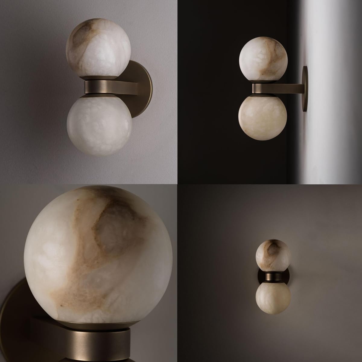 Mid Century Brass Sconces 2-Light Alabaster Wall Light White Natural Marble Stone Shade Indoor Gold Bathroom Vanity Light Fixtrues for Bedside Living Room Hallway
