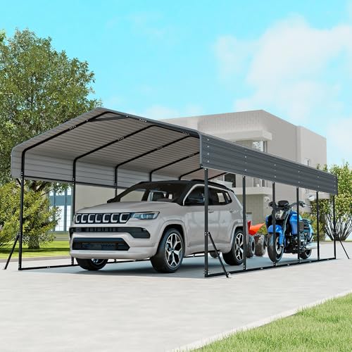 Image of Heavy Duty Metal Carport, 13x26FT Carport Canopy with Galvanized Steel Roof and Reinforced Frame, 2 Support Rods, Outdoor Garage Car Shelter Shade for Cars, Boats and Truck, Party, Gray