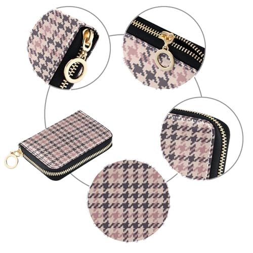 GAIGEO RFID Blocking Credit Card Holder Womens Wallets Leather Zip Around Zipper Change Purse with Key Ring Vintage Houndstooth Rose Brown4
