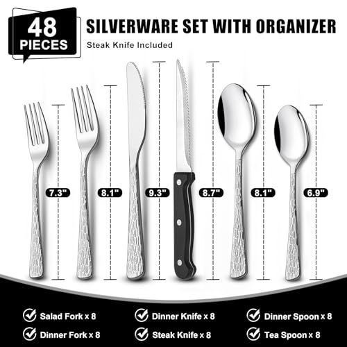 Image of 49-Piece Silverware Set with Organizer, Food-Grade Stainless Steel Flatware for 8, Cutlery Utensil Sets with Steak Knives, Rust-proof, Mirror Polished, Dishwasher Safe, Silver Tree Pattern