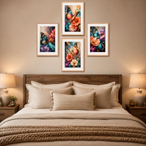 Image of Livin'luxe Set of 4 Butterfly Floral Wall Paintings with Sparkle Laminate and Premium Wooden Synthetic Frame for Living Room Bedroom Office Decor (13.5 x 19.5 Inch)