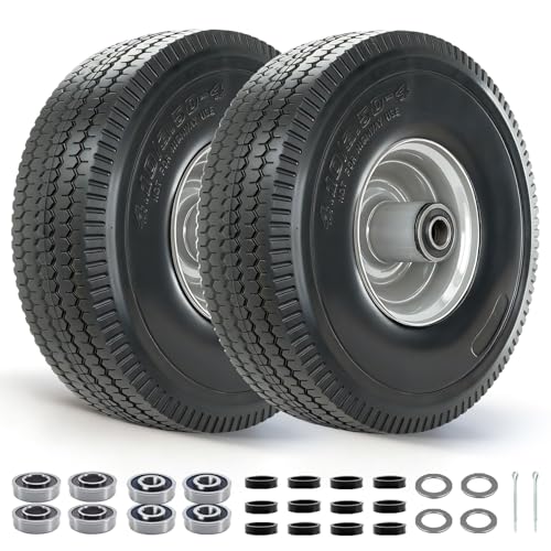 (2 Pack) 4.10/3.50-4 Tire, 10” Hand Truck Wheels with 2.2” Offset Hub, 5/8” Bearings, Extra 3/4” & 1/2” Bearings, 4.10/3.50-4 Tire and Wheel Compatible with Hand Trucks, Dollies, Garden Trailer
