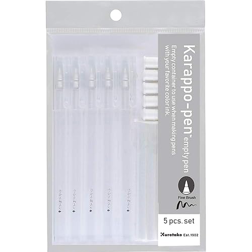 Kuretake Karappo Pen, Fine Brush tip 5pcs set, Empty refillable ink pen, for lettering, calligraphy, illustration, drawing, Made in Japan
