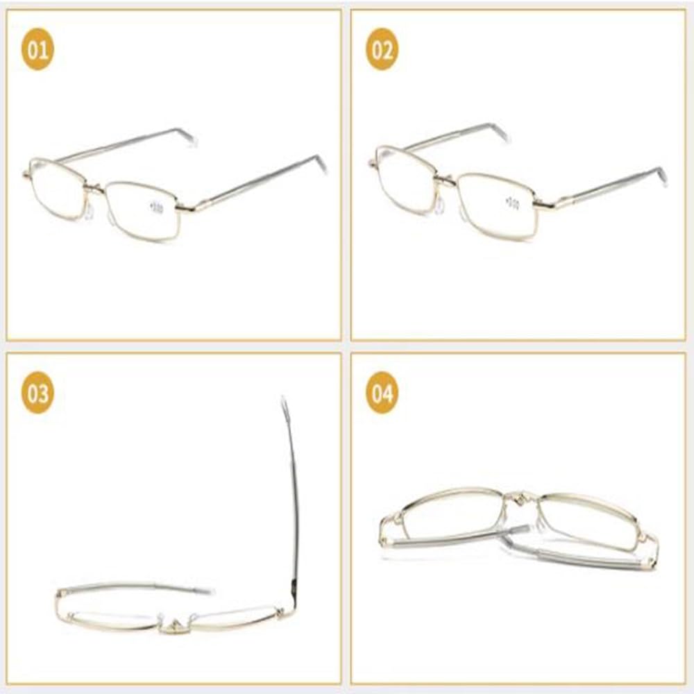 3.0 Gafas de lectura Plegables con Metal Estuche，Pequeño Rectangulares Gafas de lectura con Varillas Telescópicas HD Lentes