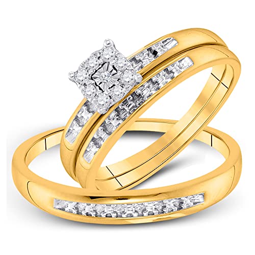 His and Hers Bridal Womens and Mens Engagment and Wedding Band Complete Trio Matching Wedding Rings Set 10K Yellow Gold Round Diamond Cluster 1/10 Cttw