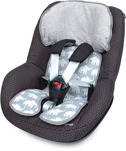 Priebes Sitzeinlage Tom für Kindersitze Gruppe 1| waschbar & atmungsaktiv | einfache Befestigung | seitlicher Kopfschutz | verwendbar für Sommer und Winter, Design:elefanten grau