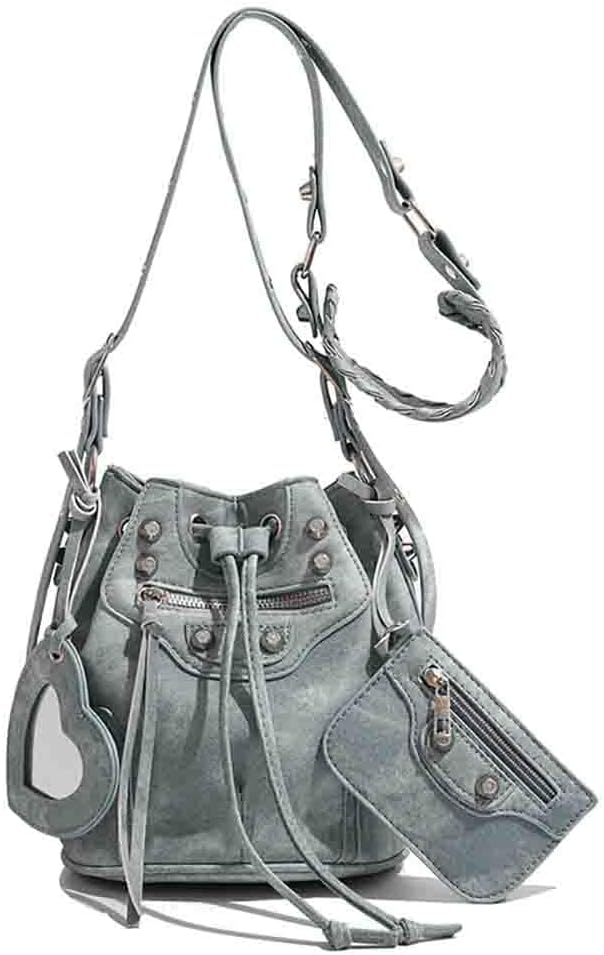 女性用リベットバケットバッグサッチェルパース、PUレザー巾着ホーボークロスボディ財布、ゴシックパンクスタッズショルダーハンドバッグ