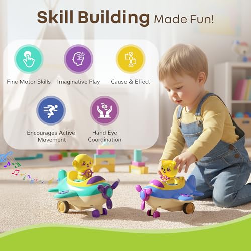 Image of R for Rabbit Orapple Aero Rider Push and Play Mini Toy Airplane Set for Kids with Lights and Music | BPA Free Baby-Safe Rounded Edge Design 2 Pcs Combo of Press & Go Aircraft for 12 Months+ (Multi 1)