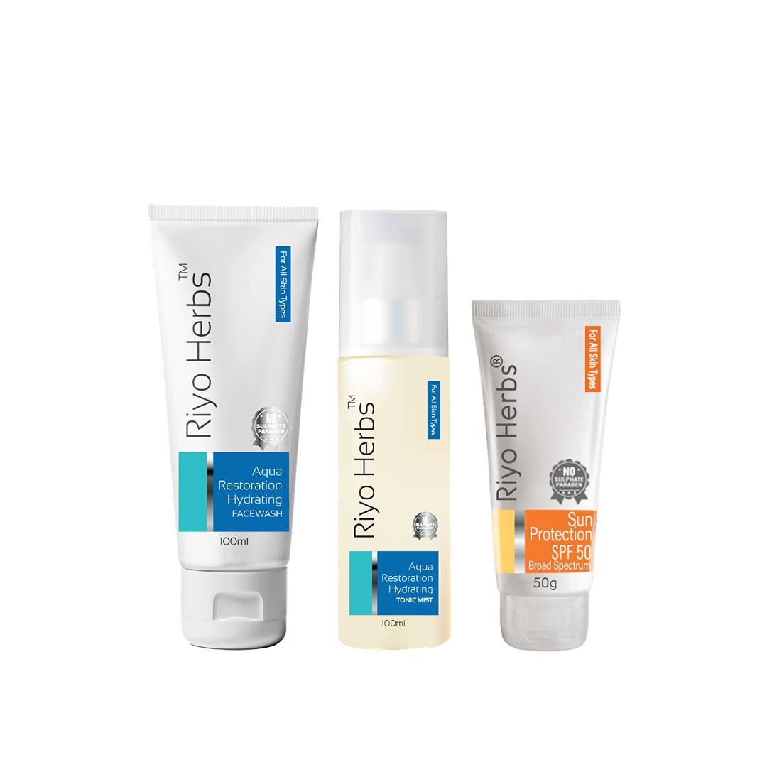 Riyo Herbs Face Care Combo | ARH Face Wash 100ml + Tonic Mist 100ml + Sun Protection SPF50 50g | Deep Cleansing, Oil Control, Glowing Skin & Sun Protection