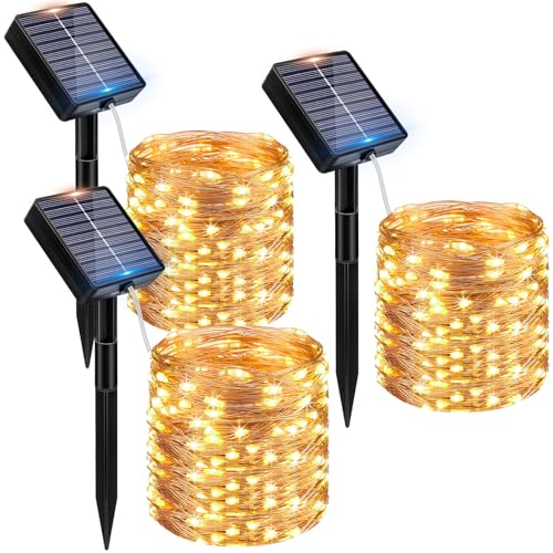 Peasur Guirnaldas Luces Exterior Solar - 3-Pack 12+2M/120LED Luces Solares LED Exterior Jardin Luces Navidad Exterior Solares Luz Solar Exterior Jardin Cadena para Exteriores Decoracion Arbol, Cálido