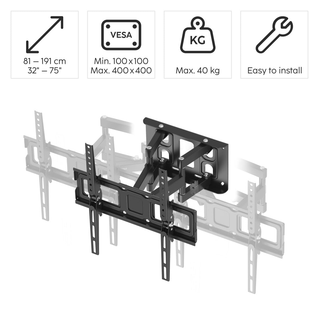 Hama TV Wandhalterung Schwenkbar & Neigbar 32–75 Zoll (81–191 cm) – Vollbeweglich, Ausziehbar, VESA 400x400 – Fernseher Wandhalterung mit Montagezubehör, Wasserwaage & Fischer Dübel