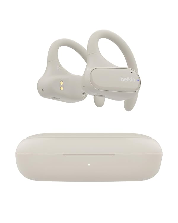 Belkin SoundForm ClearFit Wireless Open-Ear Earbuds, Lightweight Sport Earphones, Bluetooth Earbuds w/Long-Lasting Comfort, IPX5 Water Resistance for iPhone, Hiking, Biking, Running, & More - Sand by Belkin - Used condition - US$47.48