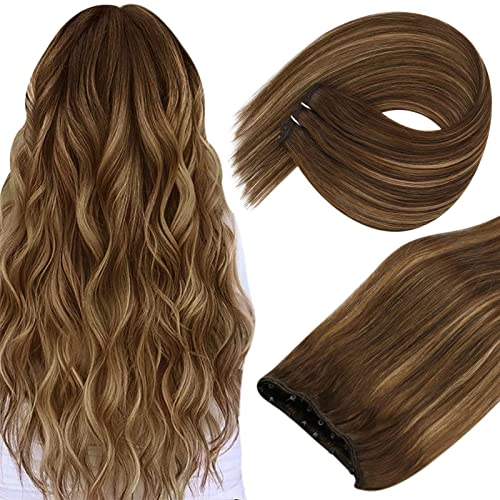 Sunny Beaded in Weft Hair Extensions Brown Micro Weft Hair Extensions Human Hair Balayage Dark Brown Fading to Caramel Blonde Human Hair EZE Weft Extensions Brown Double Weft 16 inch 50g 12inch Width