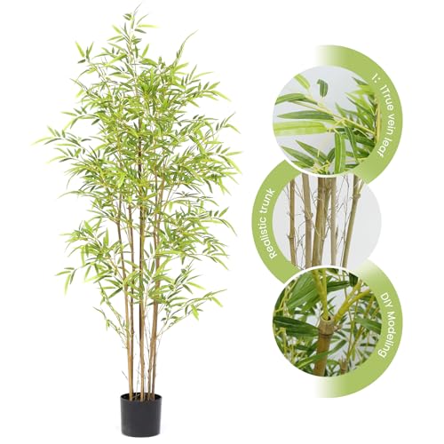 Bamboo Tree Artificial 5FT, Artificial Bamboo Tree with Real Trunk and Lifelike Leaves, Faux Bamboo Plants for Home Decor Indoor, 1 Pack