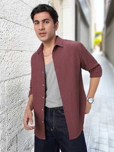 Image of Urbano Fashion Men's Cotton Full Sleeve Regular Fit Textured Shirt with Spread Collar