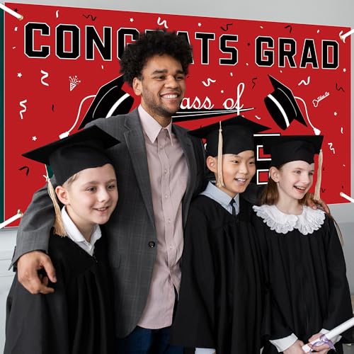 Image of Graduation Decorations 2026 2027 - Red Polyester Graduation Backdrop - Graduation Party Decorations - Congrats Grad Banner - Graduation Decorations Class of 2026,Graduation Party Favors Supplies Yard Sign