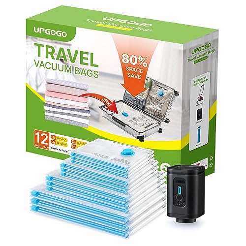 UPGOGO Combo 12 Pack Travel Vacuum Bags with Portable Electric Pump, Space Saver Vacuum Storage Bags for Clothing and Luggage, Travel Essentials by UPGOGO - Used condition - CA$37.02