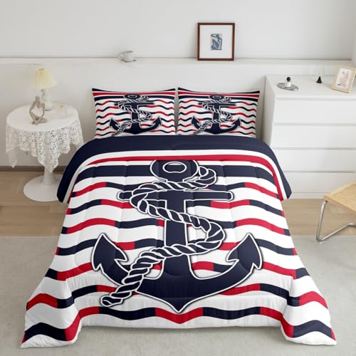 Feelyou Anchor Decor Bedding Set Full Size Red Navy Blue Stripe Comforter Set for Boys Girls Nautical Theme Comforter Women Men Sea Adventure Quilt Set 3Pcs