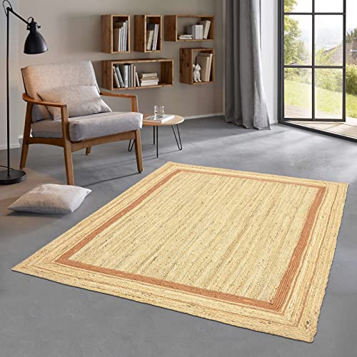 Taracarpet Jute Teppich Sisal Optik mit Bordüre Kurzflor Boho modern für Wohnzimmer Schlafzimmer nachhaltig Natur-Teppich Terracotta 060x110 cm