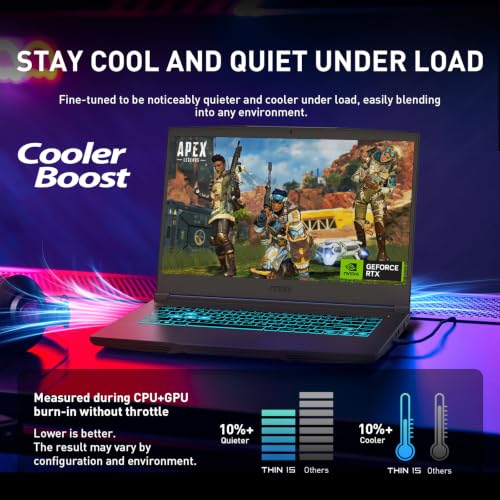 Image of msi Thin 15.6 inch FHD RTX 4050 & Intel i7-13620H Gaming Laptop, 16GB + 1TB | DDR4, Wi-Fi 6, Blue keyboard, Anti-Ghost Key, Kensington Lock, HD Webcam, Windows 11 Home, Black