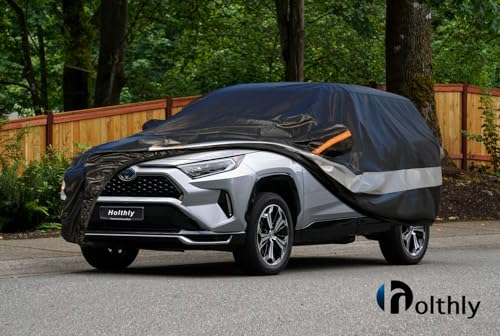 Image of Holhtly Car Cover Custom Fit for Toyota Rav41, Car Covers for Automobiles All Weather Waterproof Sun Snow Rain Wind Dust Protection, Outdoor Car Cover Black & Grey