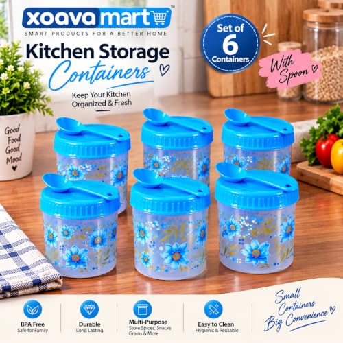 Image of Kitchen Storage Containers Set of 6 with Blue Lids & Spoons, Multipurpose Plastic Airtight Storage Jars for Spices, Pulses, Dry Fruits, Snacks & Kitchen Organization
