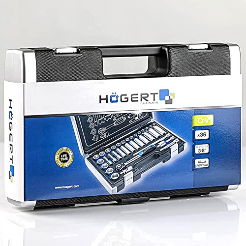 Image of Hogert Technik - Tool Set I Socket Wrench, Bits And Accessories 3 /8 Inch I Alloy Chrome Vanadium Steel I Deformation Resistant I Ratchet Mechanism With 72 Locking Locks I Ht1R465-36 Pieces,Hex