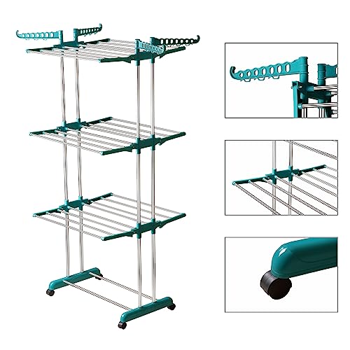 Image of LOT Ley Stainless Steel Clothes Drying Stand Foldable, Double Rack Cloth Dryer Stand, Heavy Duty Laundry Drying Rack, Rust Proof Steel Stand for Clothes, Indoor & Outdoor, 120 x 54 x 94 cm (skygreen)