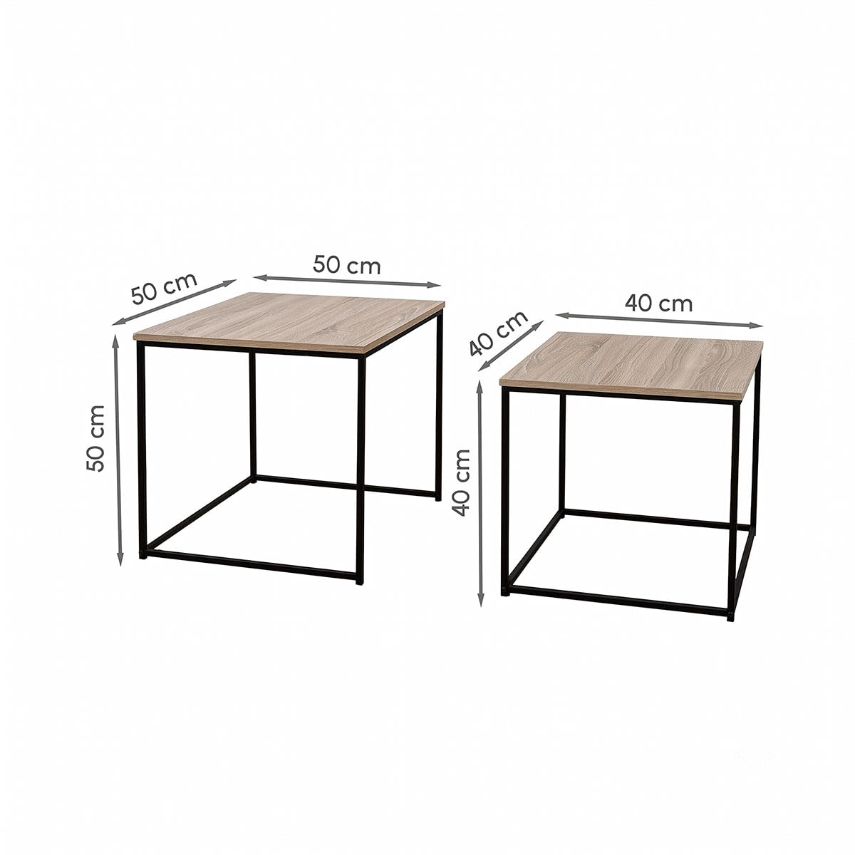 Set de 2 mesas de centro nido de madera natural y metal negro de 50x50cm | Estructura apilable de diseño moderno, auxiliar muy versátil para salón u oficina.
