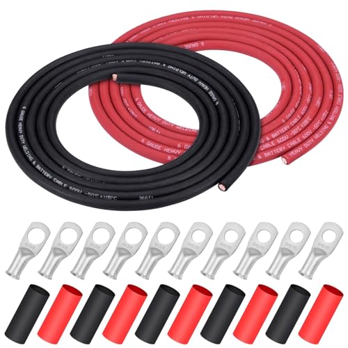 iGreely 6 Gauge 6 AWG Wire 10 Feet Black + 10 Feet Red Ultra Flexible Welding Battery Pure Copper Cable + 5pcs of 5/16 & 5pcs 3/8 Copper Cable Lug Terminal Connectors+Heat Shrink Tubing