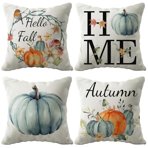 Fall Throw Pillow Covers 18x18 Set of 4 for Watercolor Pumpkin Pa...