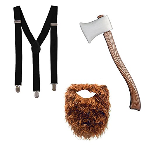 Tigerdoe Lumberjack Costume - Woodsman Costume - LumberJack Party - Suspenders, Fake Beard, & Axe 3 Pc Set