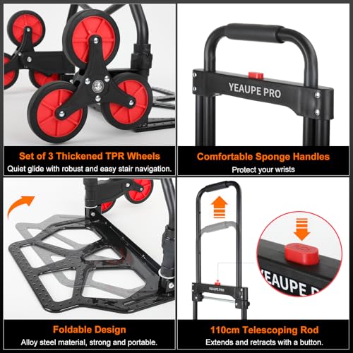 Klappwagen auf Rädern, 100 kg, robuste Sackkarre, 110 cm verlängerter Griff, Mehrzweckwagen mit elastischem Seil, Treppensteigwagen, Geschäft, Büro, Haus, Garten