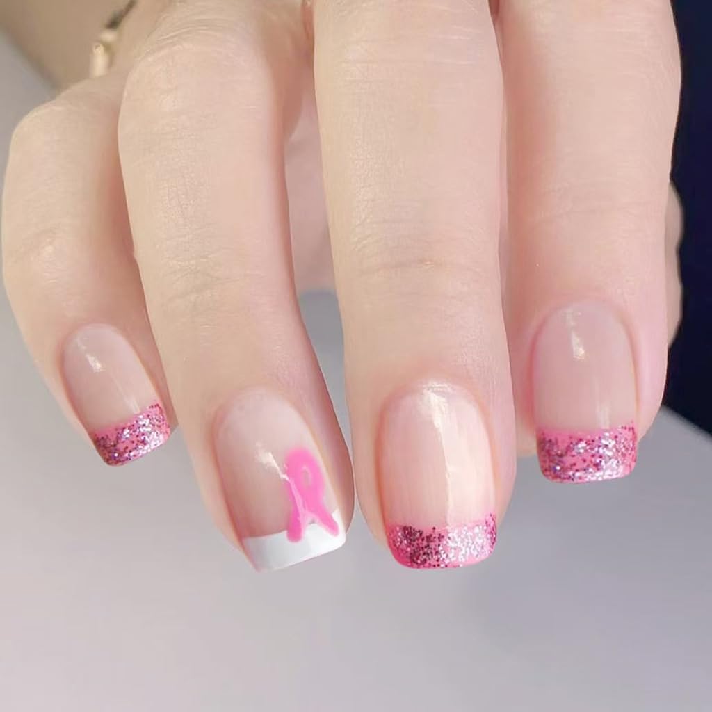 24pc Holiday French Tip Pink Ribbon Decorations Nails Art for Parties ABS Allergy Safe Design
