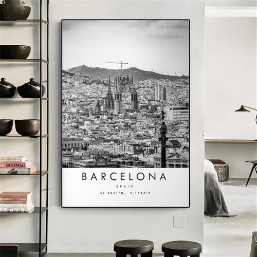 Spagna Barcellona Stampa Popolare Decorazione Artistica Da Parete Unica Stampa Di Viaggio Barcellona Poster Di Barcellona Coordinate In Bianco E Nero Decorazione Per La Casa 30X40Cm Senza Telaio