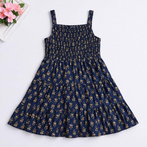 Image of The Magic Wand Kids Girls Printed Cotton Summer Dresses, Knee Length Sleeveless Casual Western Stylish One Piece Fit & Flared Frock for Beach & Vacations