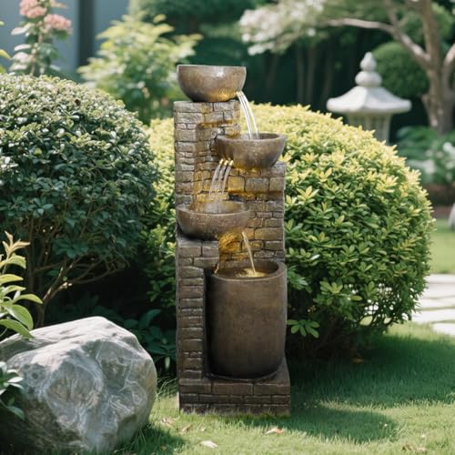 Image of Hamiedun 38.2 ''H Water Fountain Outdoor Cascading Bowls and Stacked Stones with Led Lights Waterfalls Fountain for Outside Gardens, Landscaping, Balconies, Floor Patio,Backyard and Home Art Decor