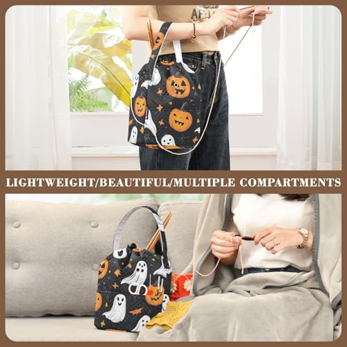 Image of Tatenale Crochet Bag Yarn Bag Knitting Project Bag with Pockets and Handle Portable Yarn Storage Organizer Tangle Free 8.3x11 InchGothic Halloween Ghost Pumpkin and Spider Web04