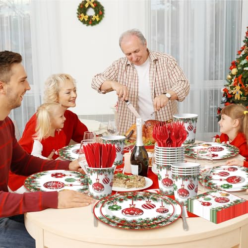 Christmas Paper Plates and Napkins,144pcs Xmas Ball Christmas Plates Disposable Party Set Christ mas Dinnerware Set for Winter Xmas Holiday,Serves 24 – Image 4