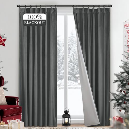 Yakamok Grey Room Darkening Velvet Blackout Curtains Window Treatments with