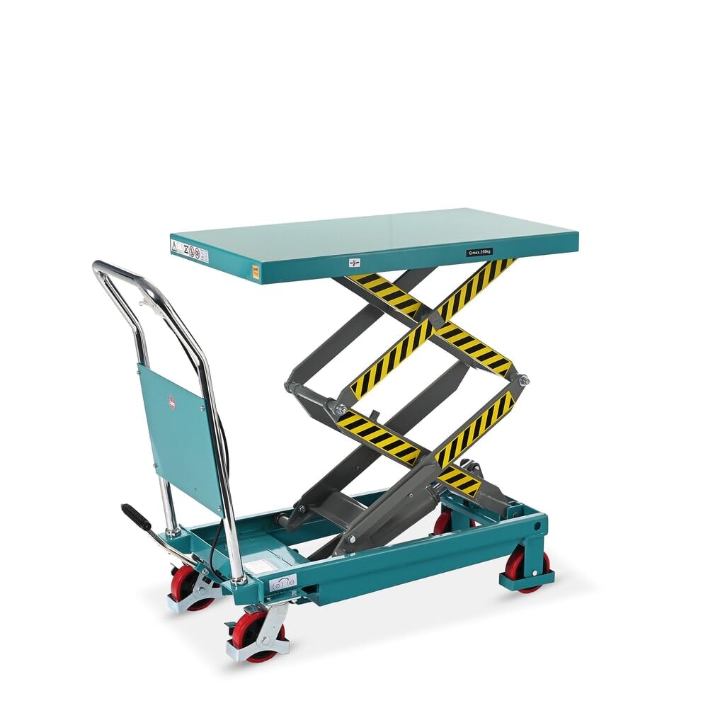 Ameise Scheren-Hubtischwagen LTT | 450-1.500 mm Hubbereich | 700 kg Tragkraft | 1.220x610 mm Plattform | Fahrbarer Hubtisch mit festem Bügel | Fußbetriebene Hydraulikpumpe | Stahl | Türkisblau