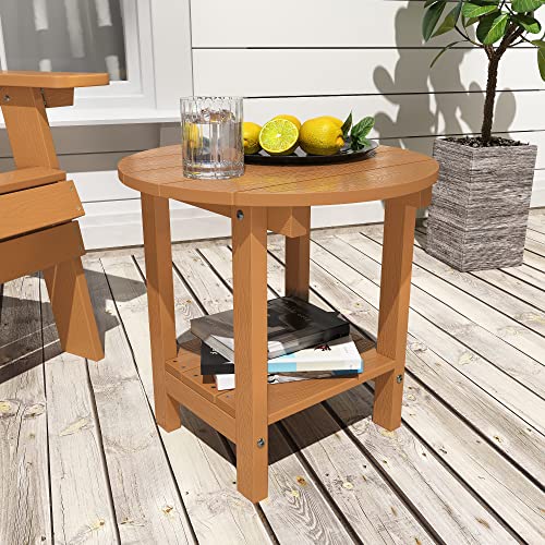 Saksun Round Outdoor Side Table, 18 Inch End Table 2-Tier Plastic Adirondack Tables With Storage Shelf, Weather Resistant For Patio,Garden, Porch (Teak) #TOP1