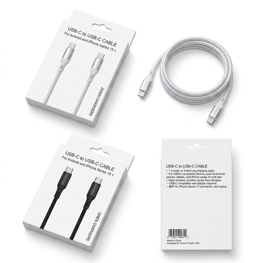 (50 Packs) USB-C to USB-C Cable, 1.5M or 5FT Braided USB Type C Charging Cord, 60W/3A Fast Charge, Compatible with iPhone 15+ and Android Devices
