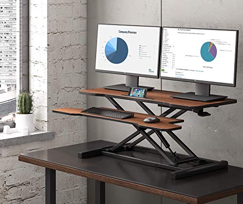 Image of FITUEYES Height Adjustable Standing Desk 36 inch Wide Sit to Stand Converter Stand Up Desk Tabletop Workstation for Laptops Dual Monitor Riser Brown SD309102WE